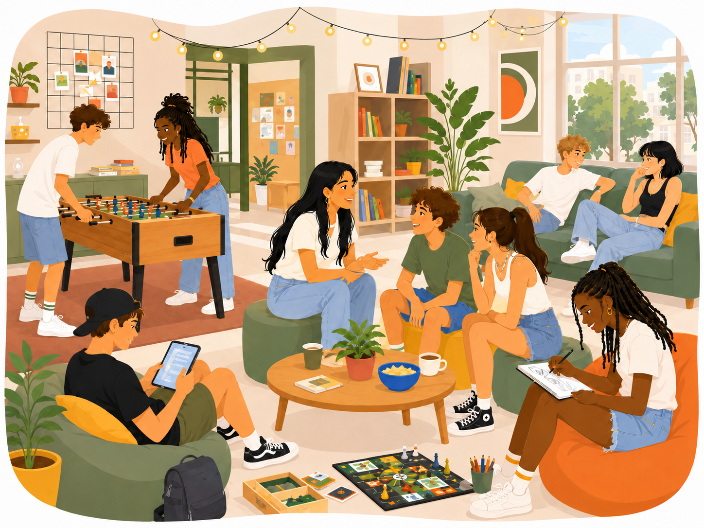 Adolescents réunis dans l’espace Jeunesse pour discuter, jouer et partager un moment convivial