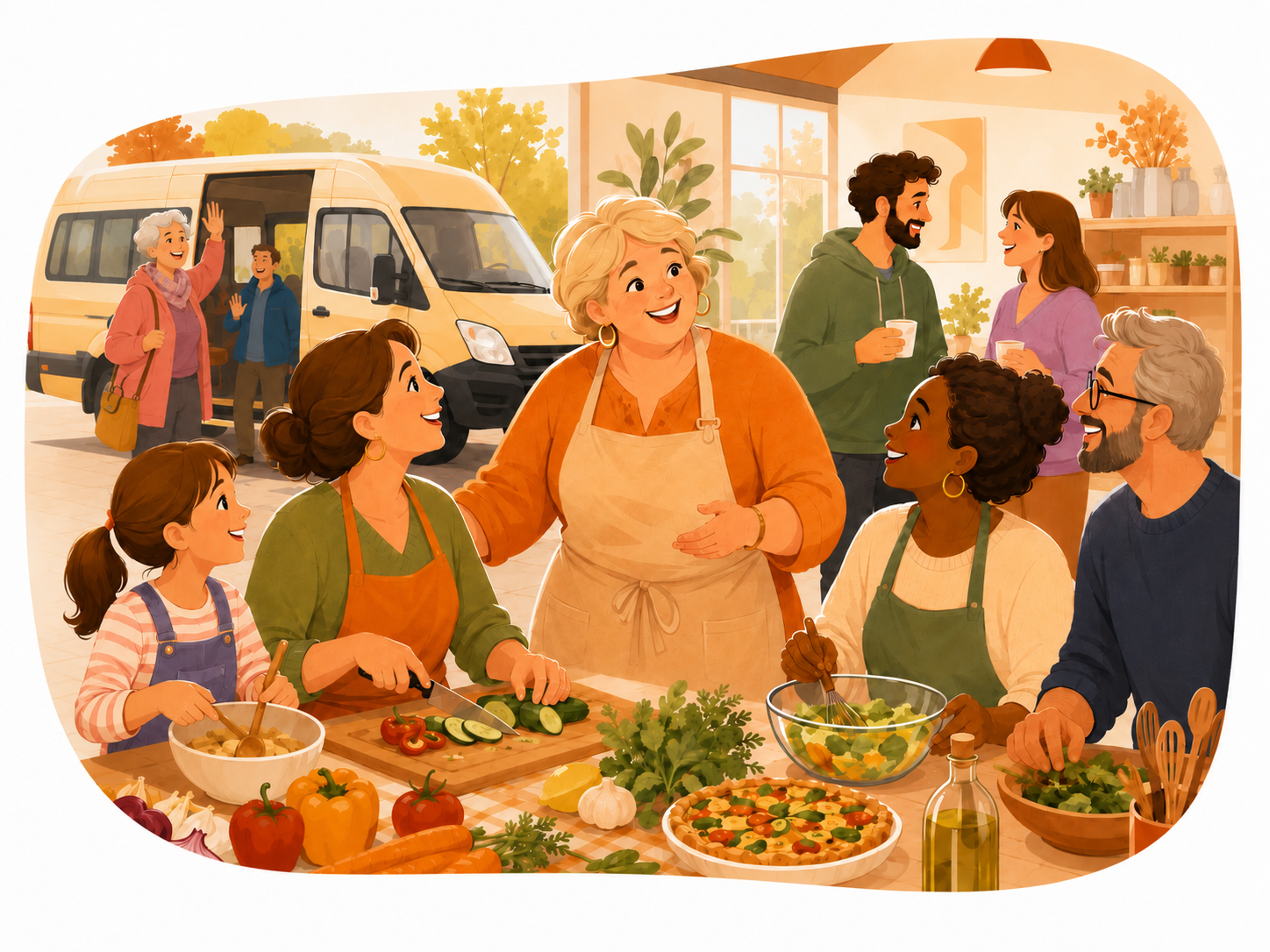 Atelier cuisine convivial du secteur Adultes / Familles, avec plusieurs habitants et un minibus évoquant les sorties proposées