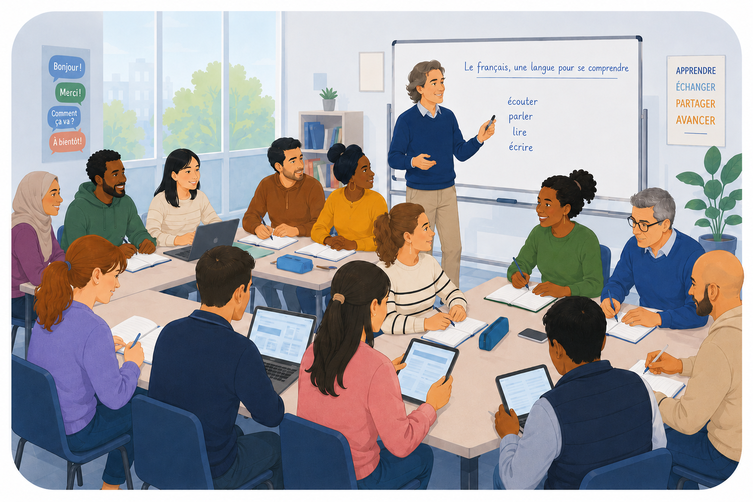 Groupe d’adultes participant à un atelier de français avec un intervenant et plusieurs participants utilisant cahiers, tablettes et ordinateurs