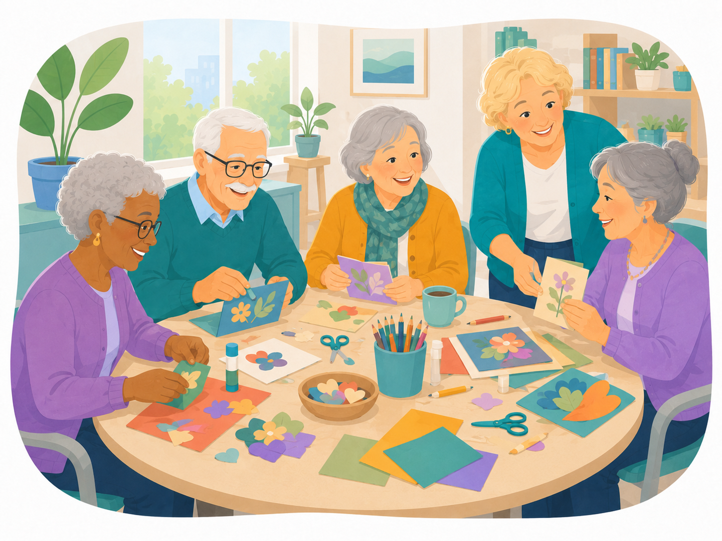 Seniors participant ensemble à un atelier créatif de collage et de réalisation de cartes