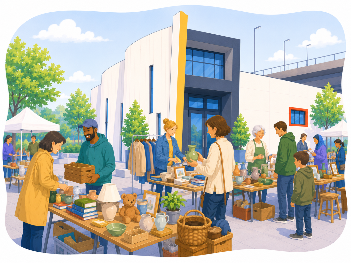 Brocante solidaire organisée en plein air devant le bâtiment du centre social.