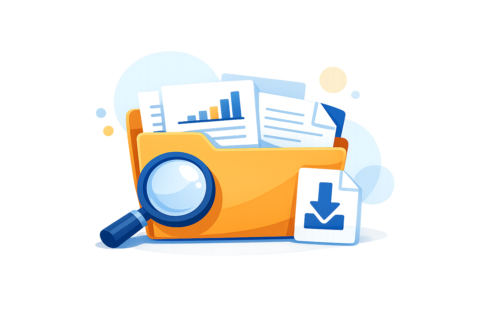 Dossier contenant plusieurs documents, avec une loupe et une icône de téléchargement.
