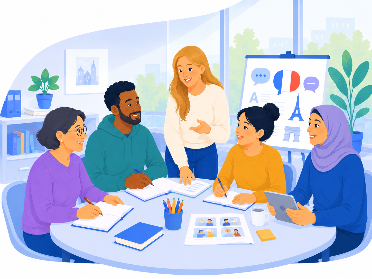 Atelier de français réunissant la coordinatrice FLE et plusieurs participants autour d’une table