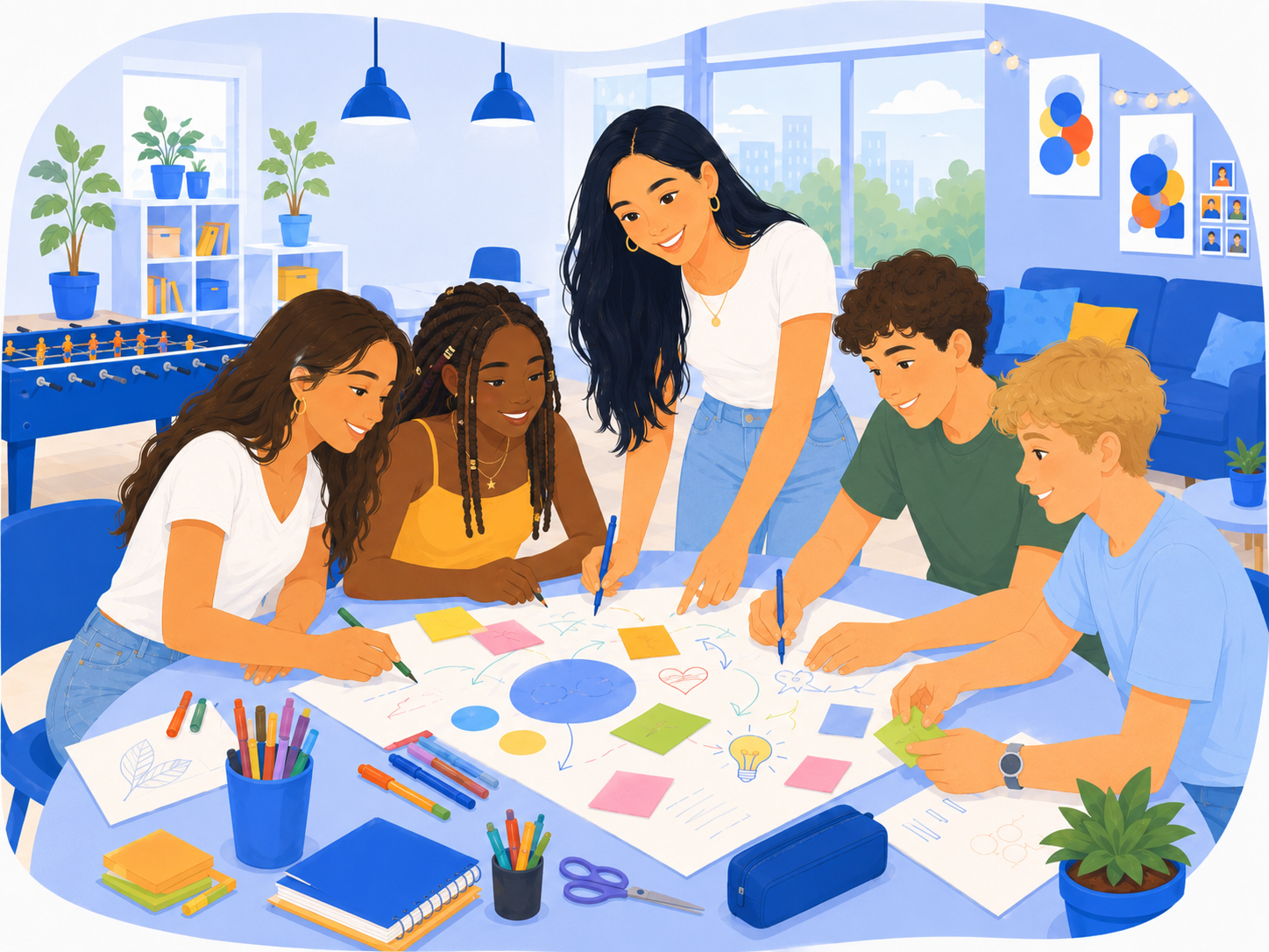 Adolescents travaillant ensemble autour d’une table sur un projet collectif