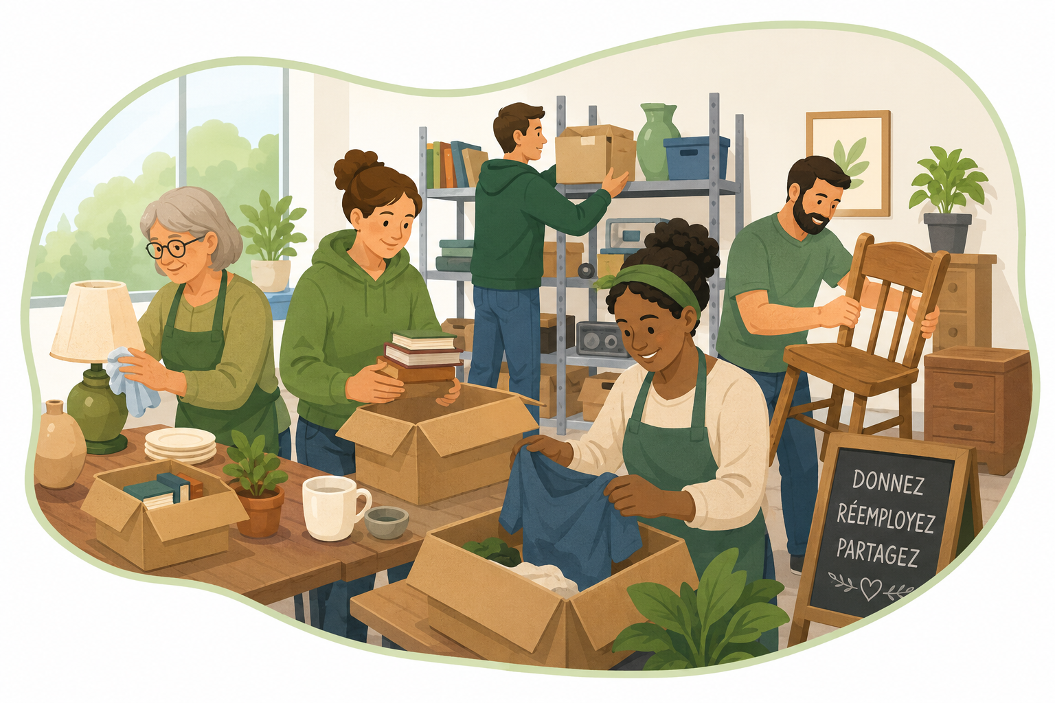 Des bénévoles trient, nettoient et rangent des objets destinés au réemploi dans la Recyclerie.