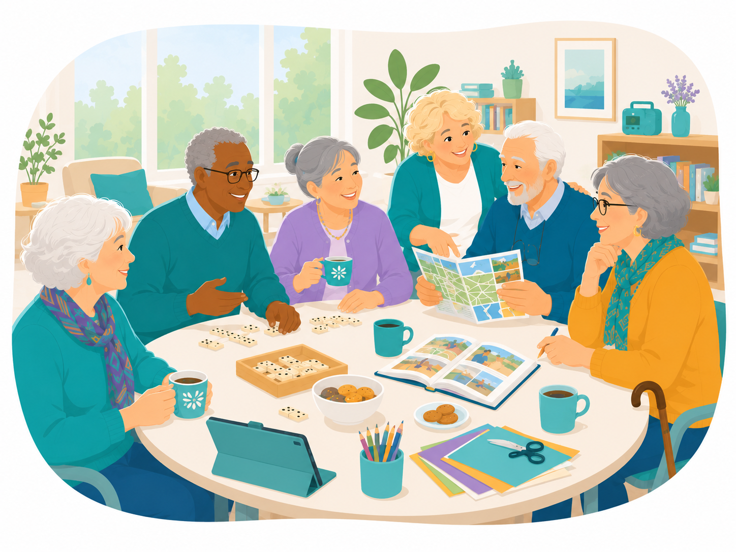 Groupe de seniors partageant un moment convivial autour d’une table avec des jeux, des boissons et des activités créatives