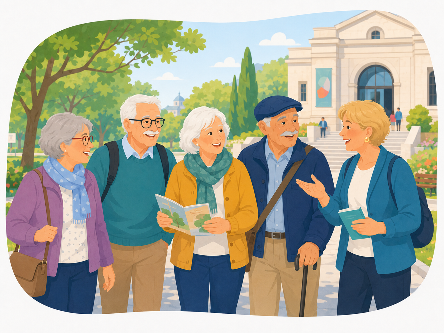 Groupe de seniors accompagné lors d’une sortie culturelle devant un musée entouré d’un parc