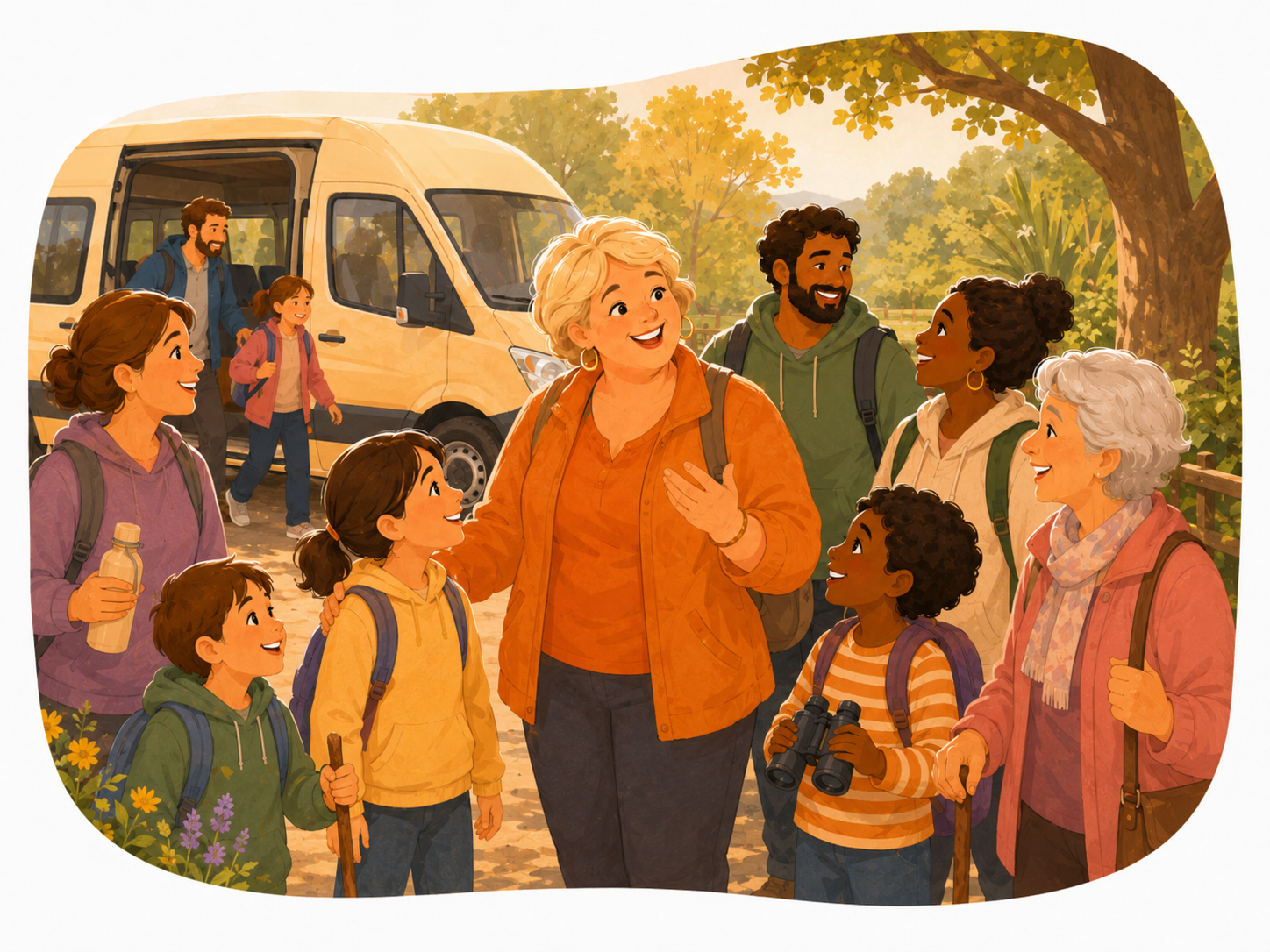 Familles et habitants préparant une sortie collective en minibus