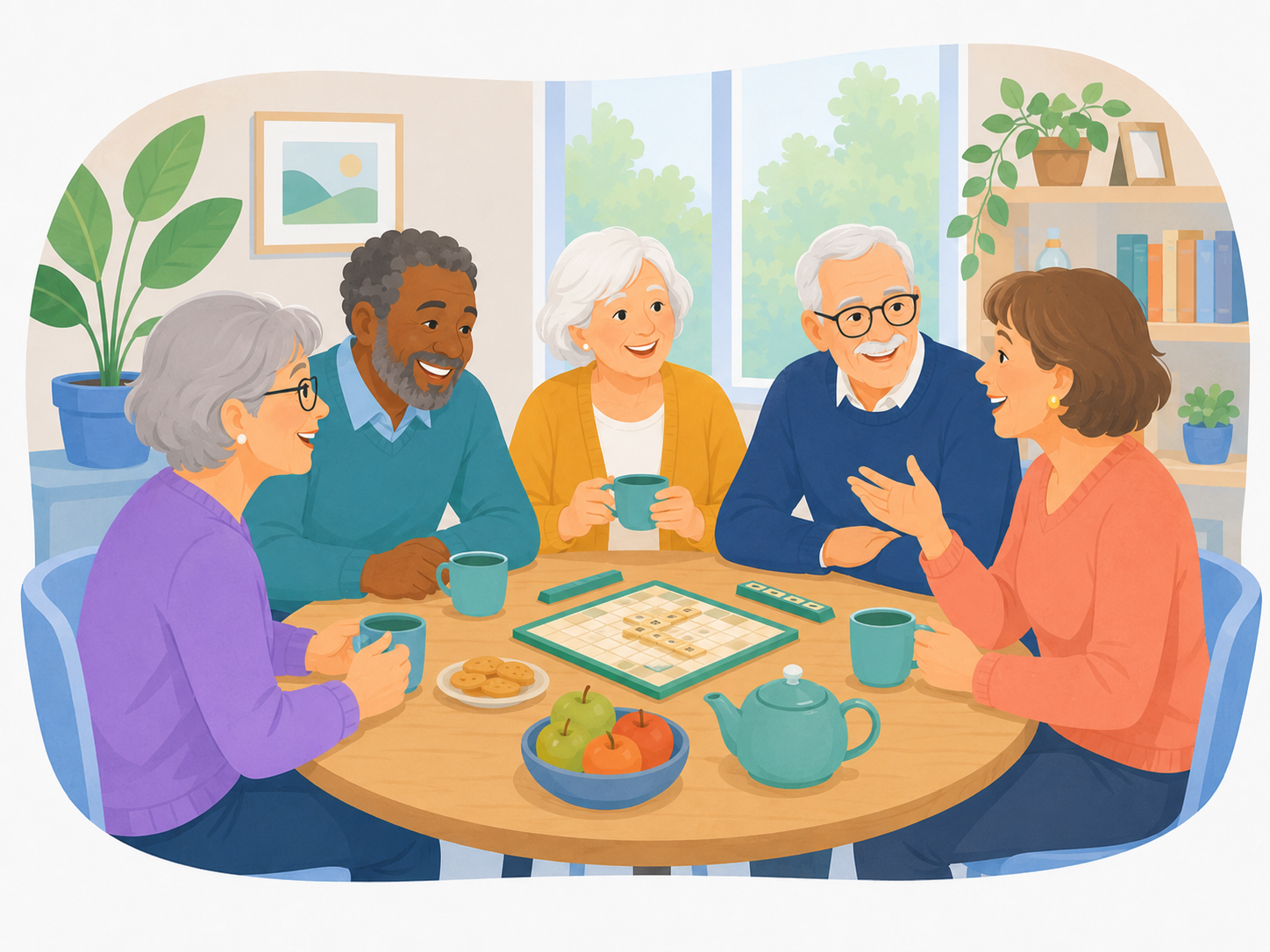 Seniors réunis autour d’une table pour discuter, boire un café et partager un jeu de société