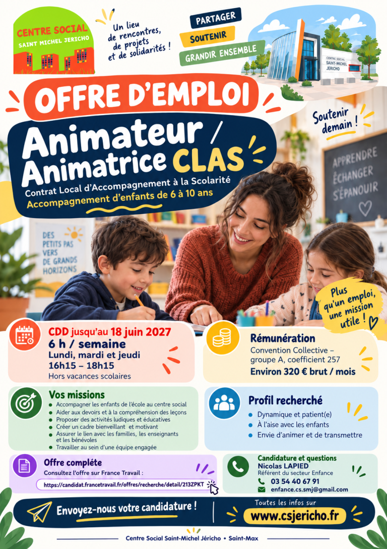 Offre d’emploi : animateur ou animatrice CLAS au Centre Social OHS Saint-Michel Jéricho