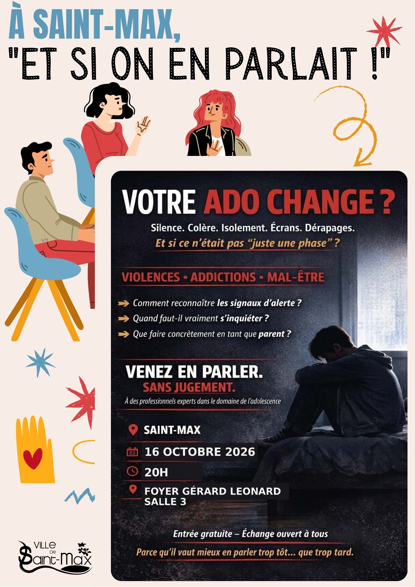 Affiche « Et si on en parlait ! » — soirée sur l’adolescence, vendredi 16 octobre 2026 à 20h, Foyer Gérard Léonard, salle 3, Saint-Max.