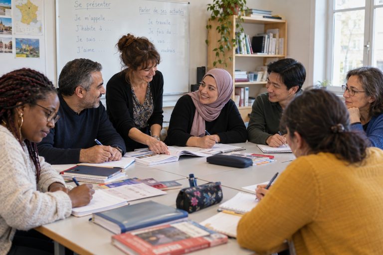 Illustration : un groupe multiculturel d’adultes apprend le français autour d’une table avec une enseignante.