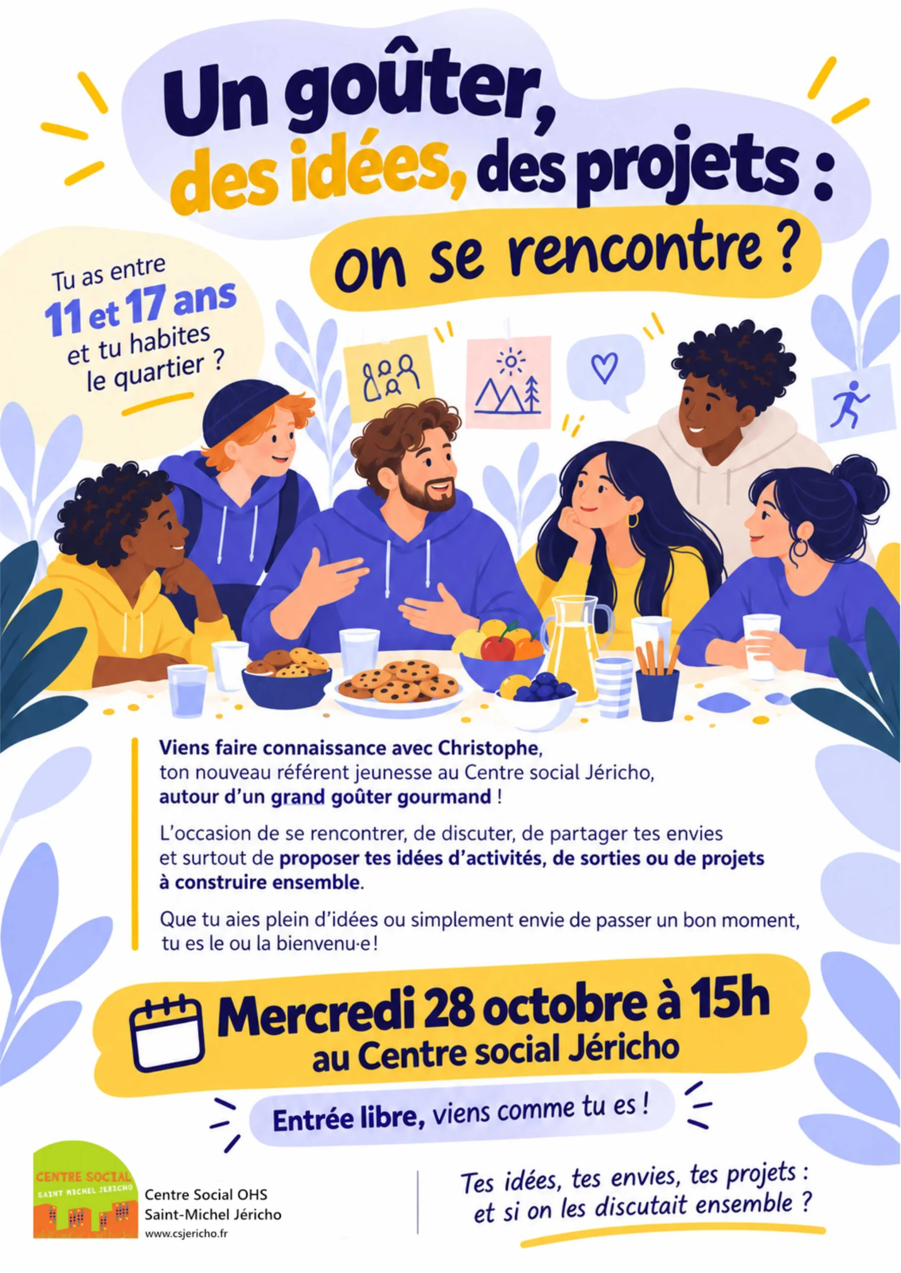 Christophe et des adolescents échangent autour d’un goûter au centre social.