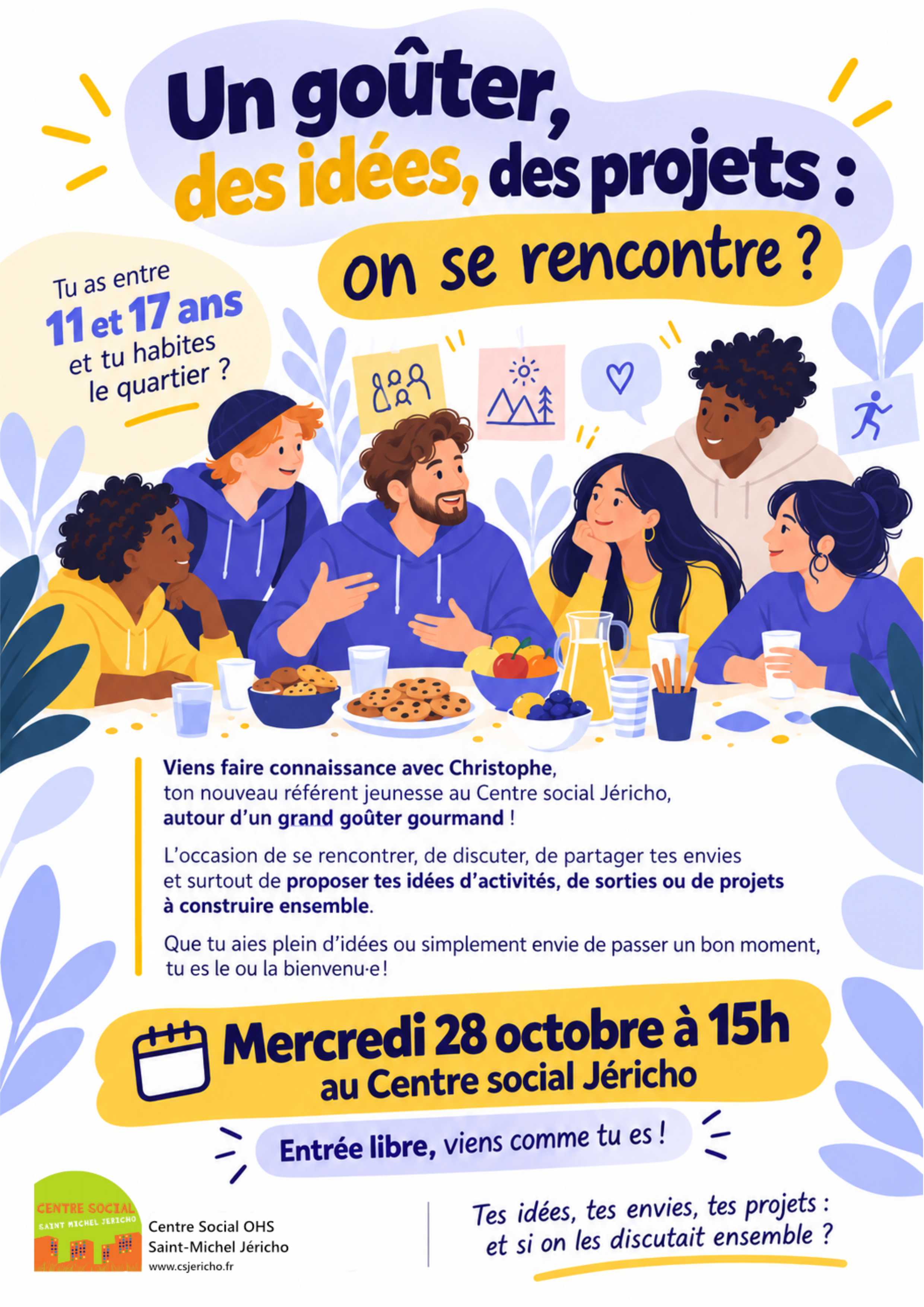 Christophe et des adolescents échangent autour d’un goûter au centre social.
