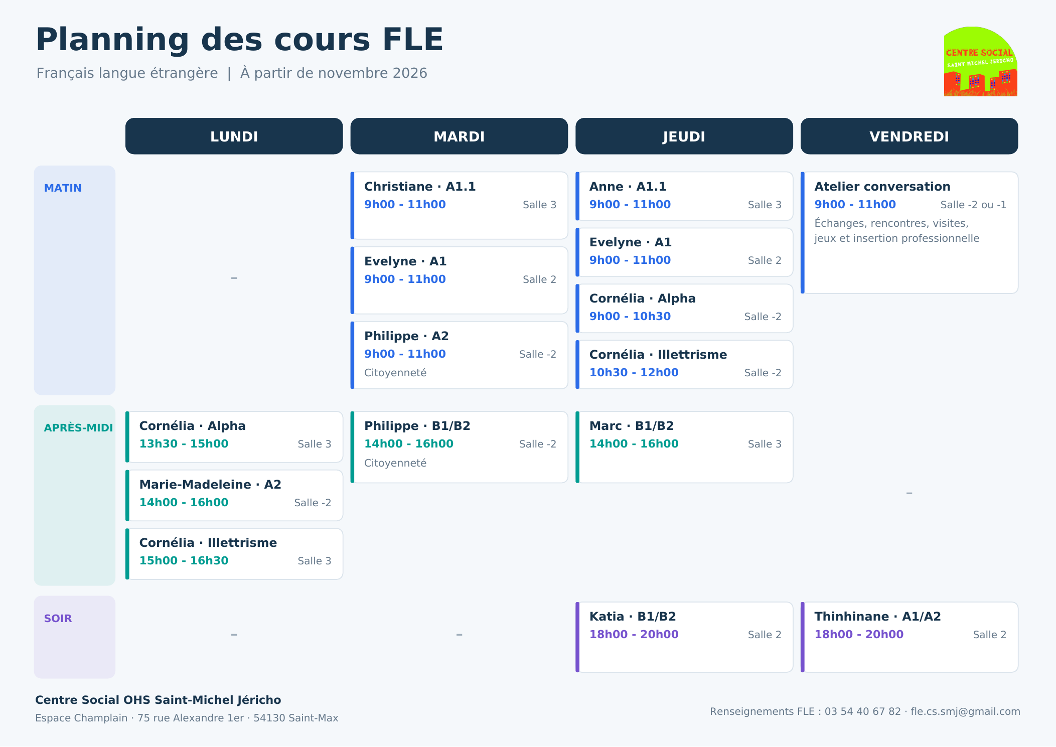 Planning des cours FLE à partir de novembre 2026 : groupes, enseignants, horaires et salles le lundi, mardi, jeudi et vendredi.