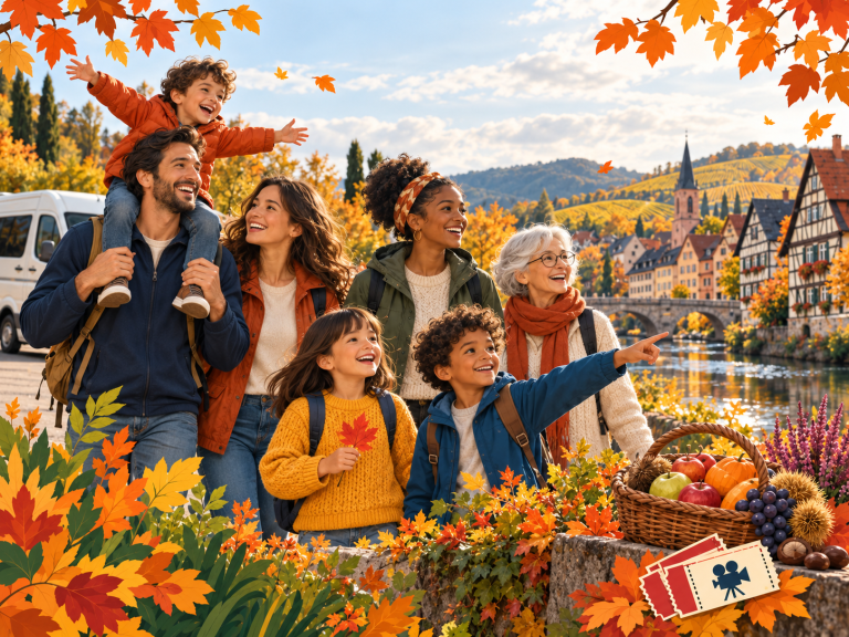 Familles et seniors en sortie dans un paysage d’automne — illustration
