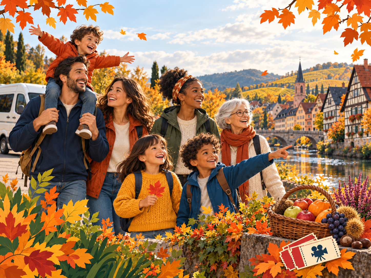 Illustration de familles et de seniors en sortie dans un paysage d’automne